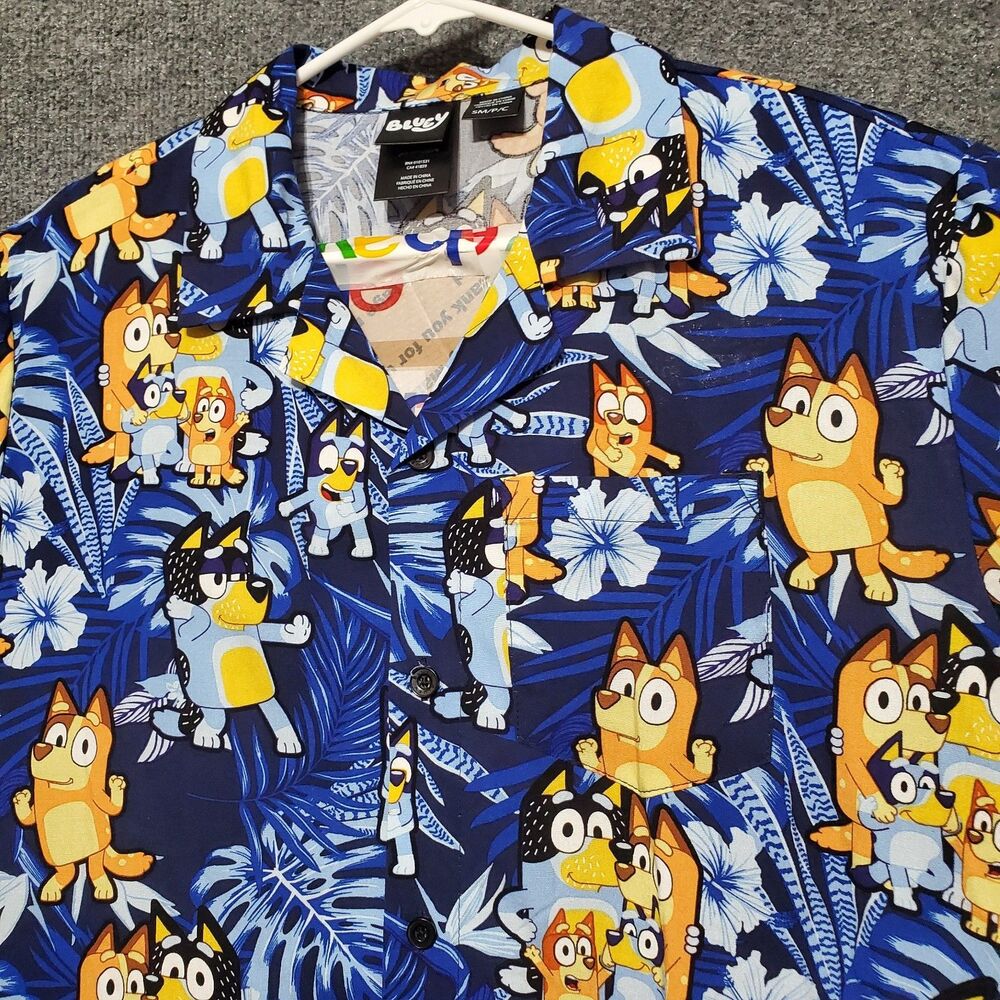 Bluey Disney Hawaiian Shirt Button Up Tropical Camp Mens Small Bingo Bluey New